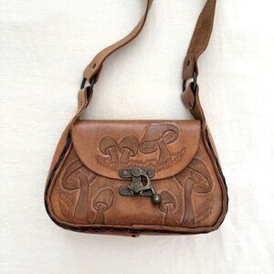 Vintage Tooled Leather Shoulder Bag with Mushrooms! A rare find!